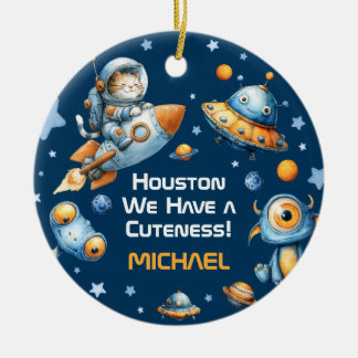 Astronaut Cat Funny Outer Space Baby Name& Photo  Keramisch Ornament