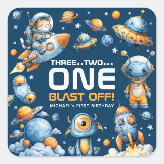 Astronaut Cat Space Rocket Blast Off 1st Birthday Vierkante Sticker