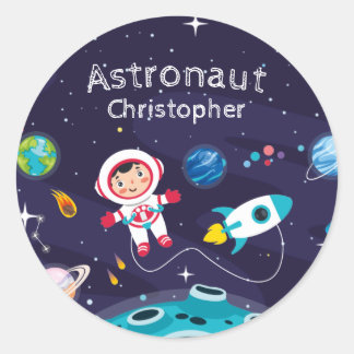 Astronaut child on the moon, monogrammed name ronde sticker