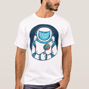 Astronaut die snoep houdt met sterrenstelsel en un t-shirt