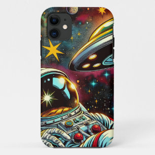 Astronaut Drijvend in de ruimte met een UFO Ai Art iPhone 11 Hoesje
