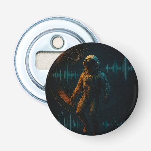 Astronaut drijvend in Glitchwave Sound Art Button Flesopener (Voorkant)