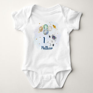 Astronaut Galaxy Blue Gold Space First Birthday Romper
