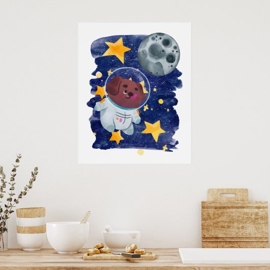 Astronaut Hond Waterverf Ruimte Sterren Planeet Ki Poster (Keuken)
