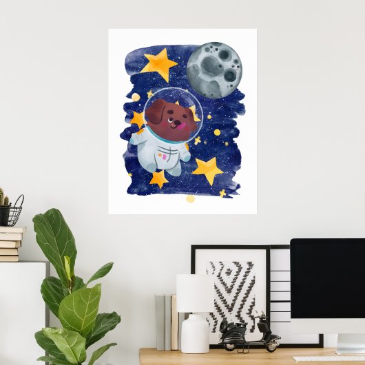 Astronaut Hond Waterverf Ruimte Sterren Planeet Ki Poster (Thuiskantoor)