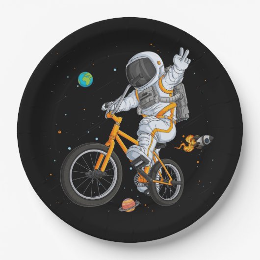 Astronaut in ruimtepak rijden BMX fiets op ruimte  Papieren Bordje (Voorkant)