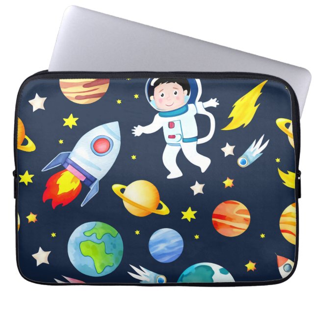 Astronaut in Space Planets and Rockets Pattern Laptop Sleeve (Voorkant)