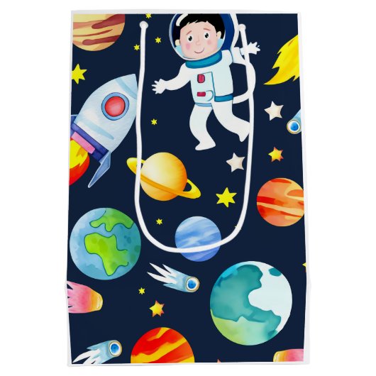 Astronaut in Space Planets and Rockets Pattern Medium Cadeauzakje (Achterkant)