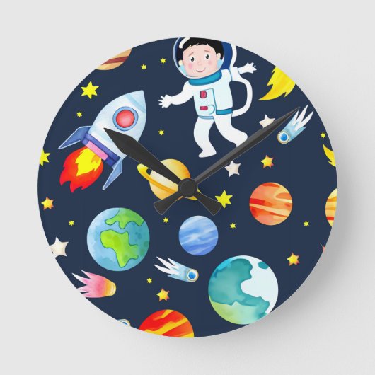 Astronaut in Space Planets and Rockets Pattern Ronde Klok (Voorkant)