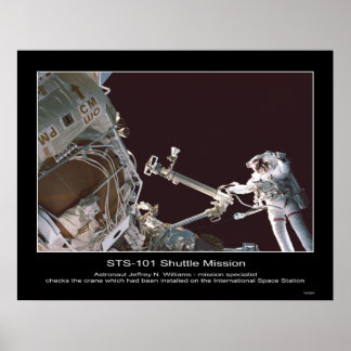 Astronaut Jeffrey N. Williams controleert kraan Poster