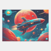 Astronaut jongens verjaardag raket ruimteschip 3 inpakpapier vel (Voorkant 3)