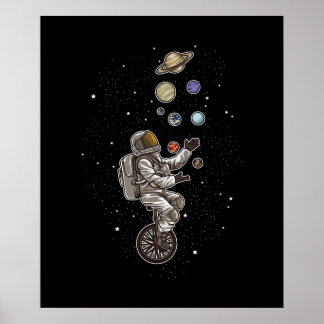 Astronaut Juggles Planets op een eenwielige ruimte Poster