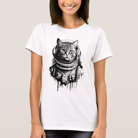 Astronaut Kat Inkt Kunst T-shirt (Voorkant)