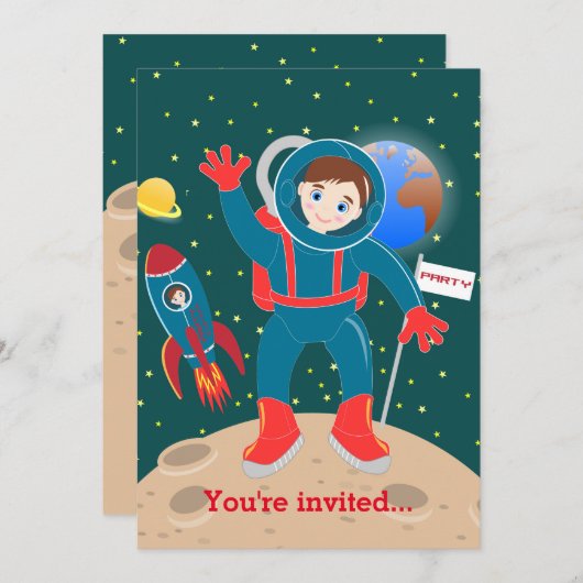 Astronaut kind op het verjaardagsfeestje van de ma kaart (Voorkant / Achterkant)