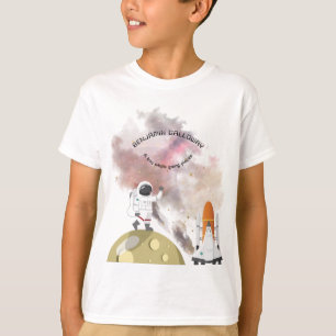 Astronaut maan monogram raket tekst zonnestelsel t-shirt