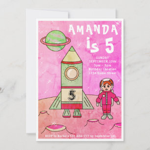 Astronaut Meisje Raket Roze Verjaardagsfeestje Kaart