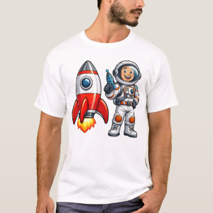 Astronaut met Raket Cartoon Ruimte Kunst T-shirt