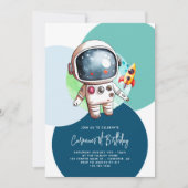 Astronaut Moon Rocket Blue 1e verjaardag Kaart (Voorkant)