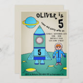 Astronaut on Moon Rocket Kids Birthday Party Kaart (Voorkant / Achterkant)