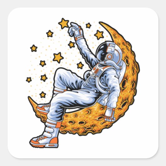 Astronaut op de halve maan vierkante sticker (Voorkant)