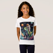 Astronaut op dino in de ruimte t-shirt (Voorkant volledig)