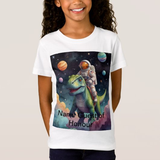 Astronaut op dino in de ruimte t-shirt (Voorkant)