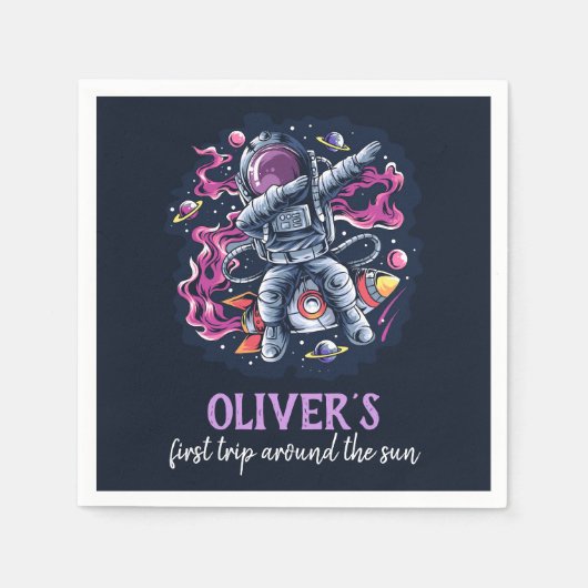 Astronaut op een ruimteraket met sterren en planet servet (Voorkant)