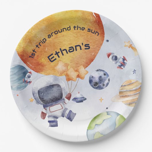 Astronaut Outer Space Boy 1e Verjaardagsfeest Papieren Bordje (Voorkant)