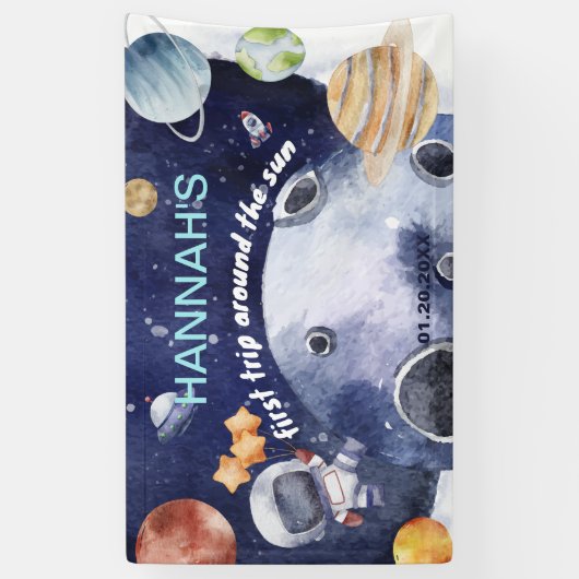 Astronaut Outer Space Boy 1e Verjaardagsfeest Spandoek (Verticaal)