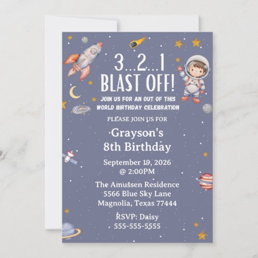 Astronaut Outer Space Boy Birthday Invitation Kaart (Voorkant)