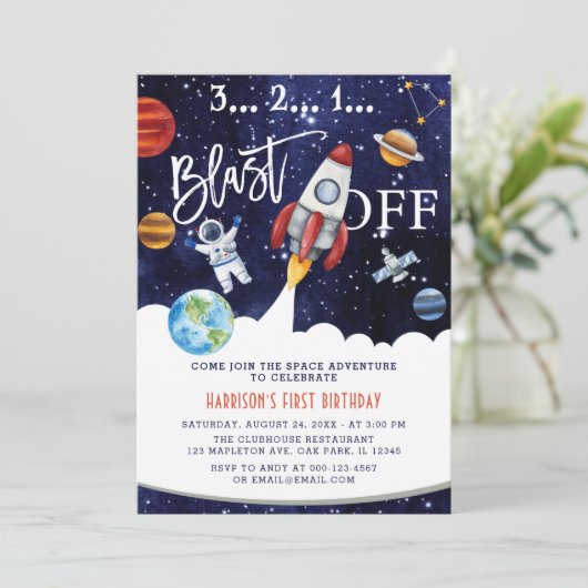 Astronaut Planet Rocket Buitenspace 1st verjaardag Kaart (Staand voorkant)