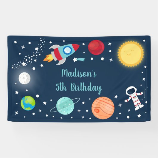 Astronaut planeten voor ruimtevaartraketten Birthd Spandoek (Horizontaal)