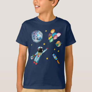 Astronaut Rainbow Balloons Rocket Space Waterverf T-shirt