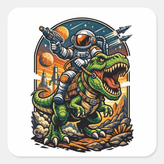 Astronaut Riding a T-Rex – Epic Space Dinosaur Vierkante Sticker (Voorkant)