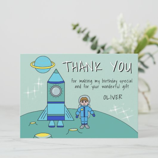 Astronaut Rocket Boy Verjaardag Dank u Card (Staand voorkant)