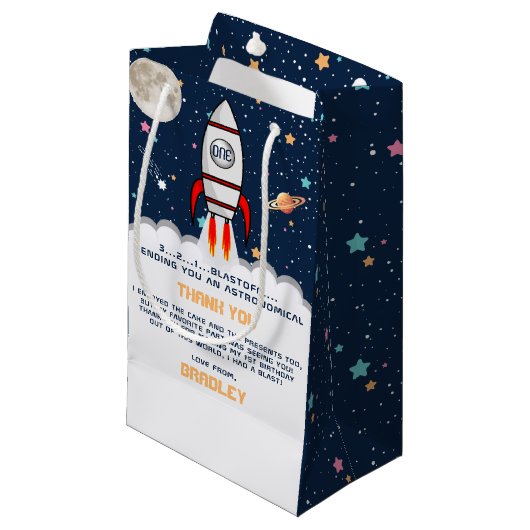 Astronaut Rocket Buitenruimte 1ste verjaardag Klein Cadeauzakje (Voorkant Gekanteld)
