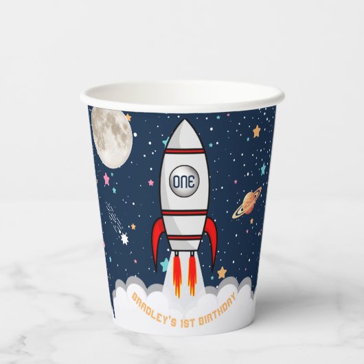 Astronaut Rocket Buitenruimte 1ste verjaardag Papieren Bekers (Achterkant)