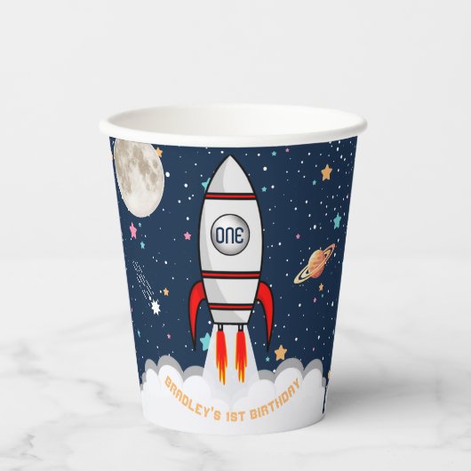Astronaut Rocket Buitenruimte 1ste verjaardag Papieren Bekers (Voorkant)