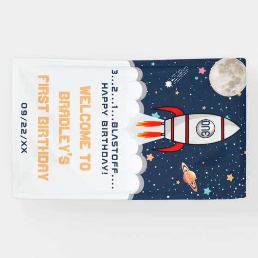 Astronaut Rocket Buitenspace 1st verjaardag Welkom Spandoek (Horizontaal)