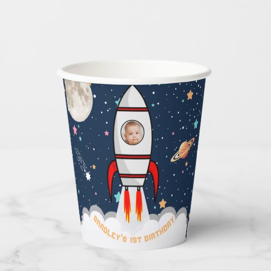 Astronaut Rocket Buitenspace 1ste verjaardag Foto Papieren Bekers (Voorkant)