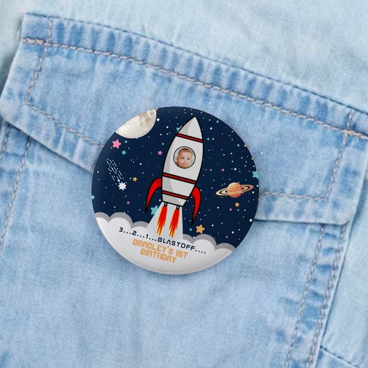 Astronaut Rocket Buitenspace 1ste verjaardag Foto Ronde Button 5,7 Cm