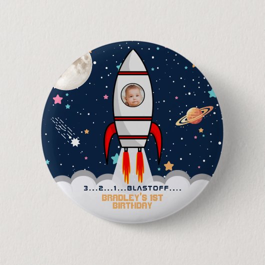 Astronaut Rocket Buitenspace 1ste verjaardag Foto Ronde Button 5,7 Cm (Voorkant)