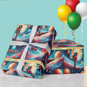 Astronaut Rocket Planets Jongens Verjaardag Kleurr Cadeaupapier