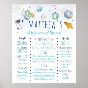 Astronaut Ruimte Blauw Goud Eerste Verjaardag Mijl Poster