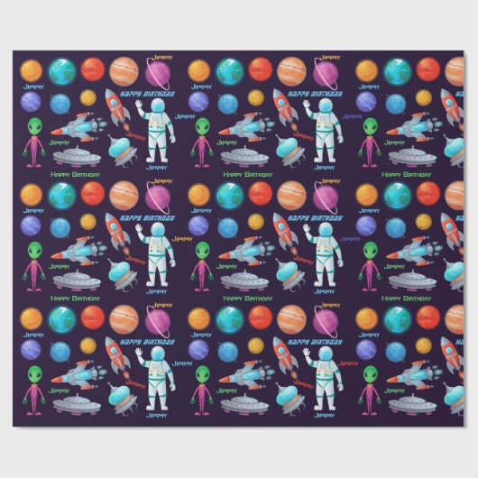 Astronaut Ruimteschip Rocket Naam toevoegen Verjaa Cadeaupapier (Vlak)