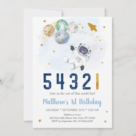 Astronaut Space Coundown First Birthday Kaart (Voorkant)