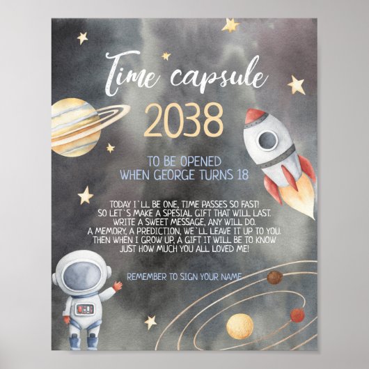 Astronaut Space Galaxy Time Capsule Sign Kaart Poster (Voorkant)