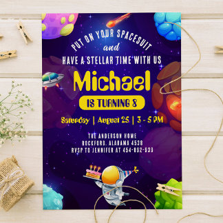 Astronaut Space Galaxy UFO Birthday Invitation Kaart
