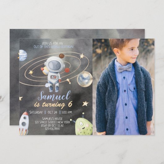 Astronaut Space Planets Birthday Invitation Kaart (Voorkant / Achterkant)