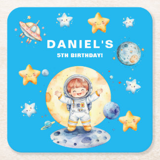 Astronaut Space-Theme Custom Birthday Party Vierkante Kartonnen Onderzetter